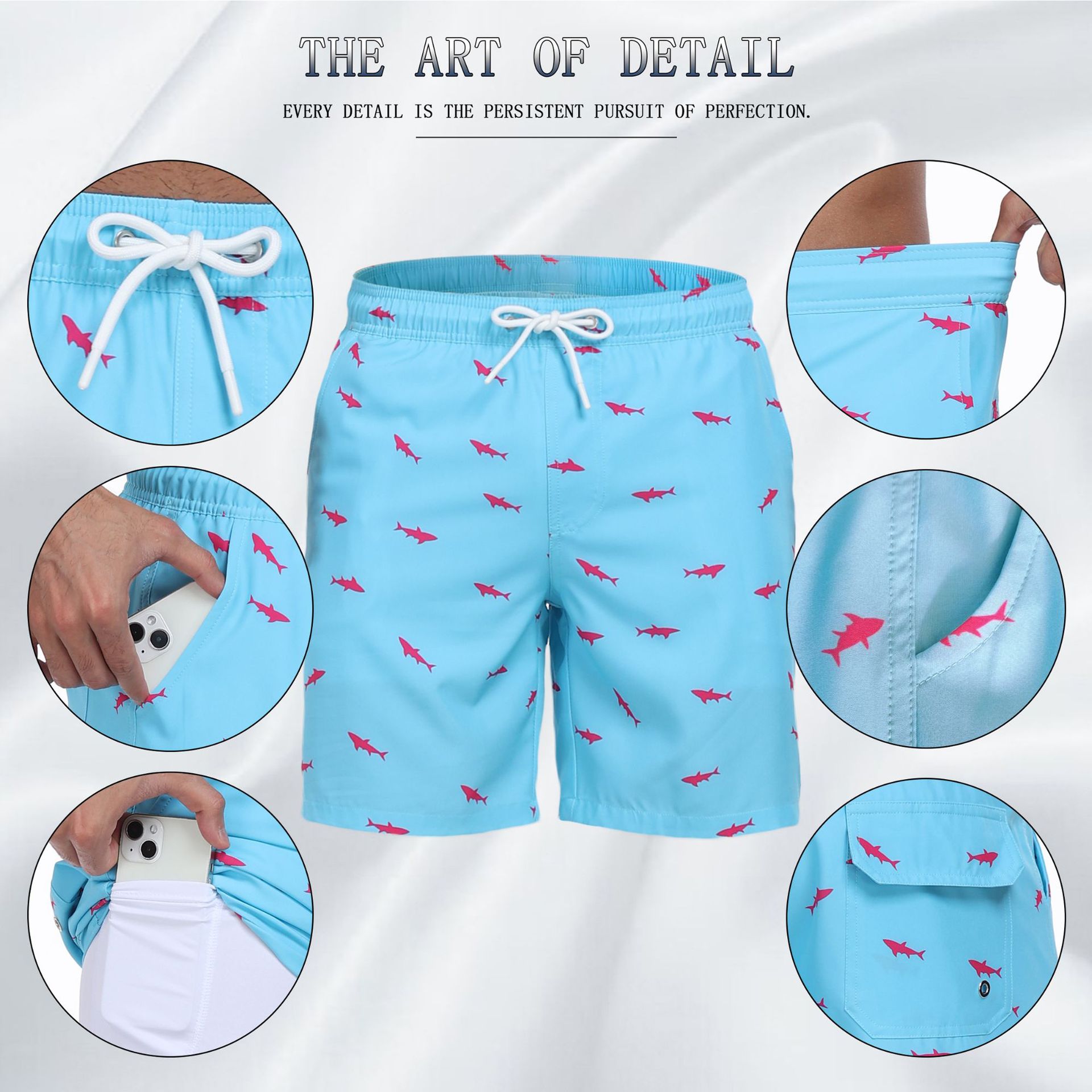 Mens Shark Pattern 2 in 1 Boar - Long Leg Trunk Men 评论和价格